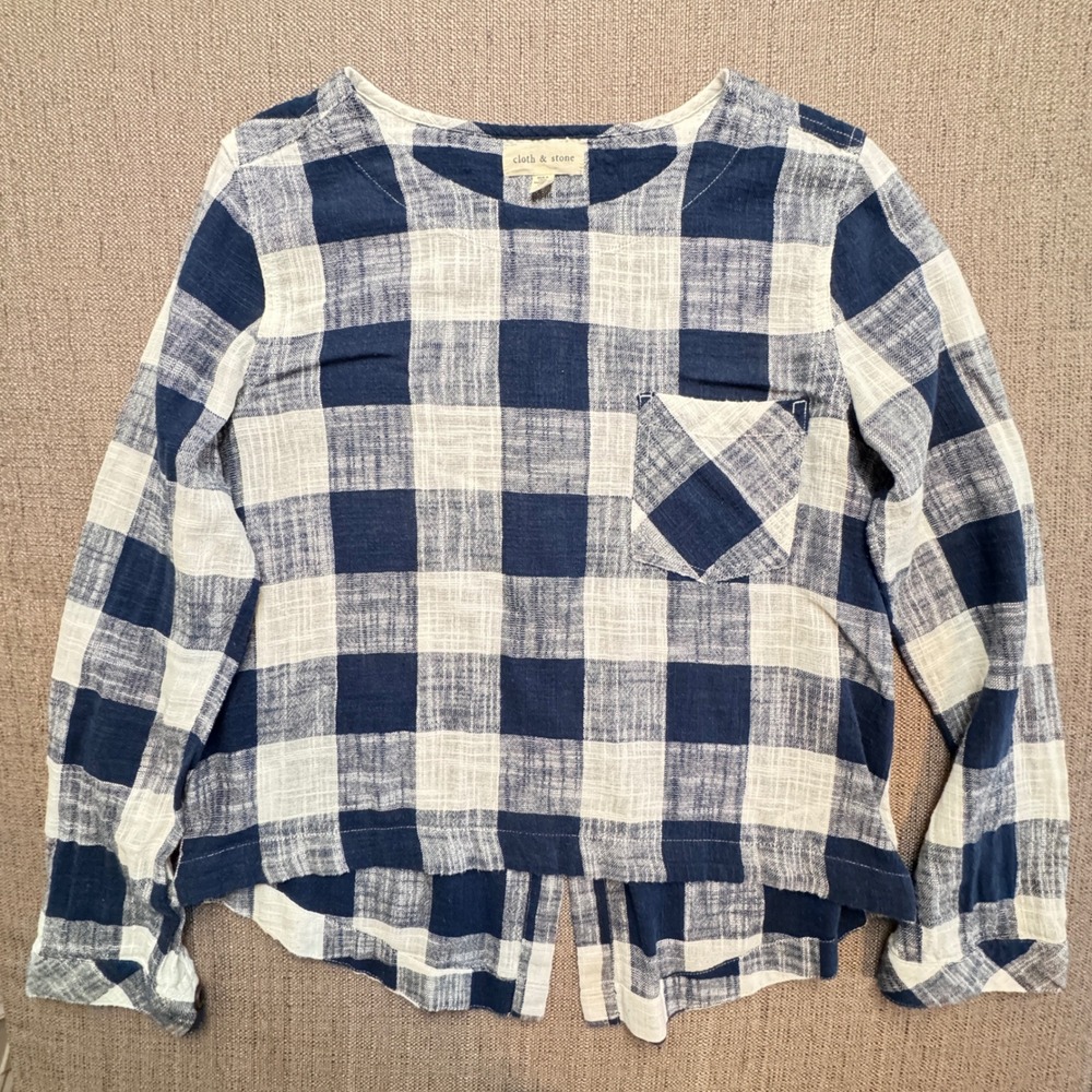 Cloth & Stone Navy White Buffalo Check Split Back Button Top Womens Medium